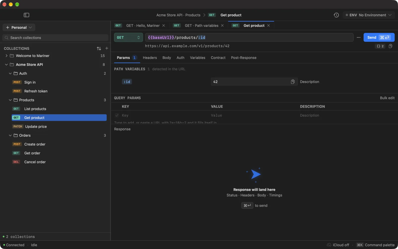 The sidebar after importing a Postman collection: Acme Store API with its Auth, Products and Orders folders, and one request open with {{baseUrl}} and :id resolved to https://api.example.com/v1/products/42