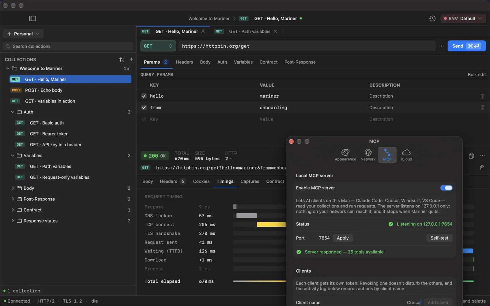 Settings → MCP: the server enabled and listening on 127.0.0.1:7654, and the self-test reporting 25 tools available