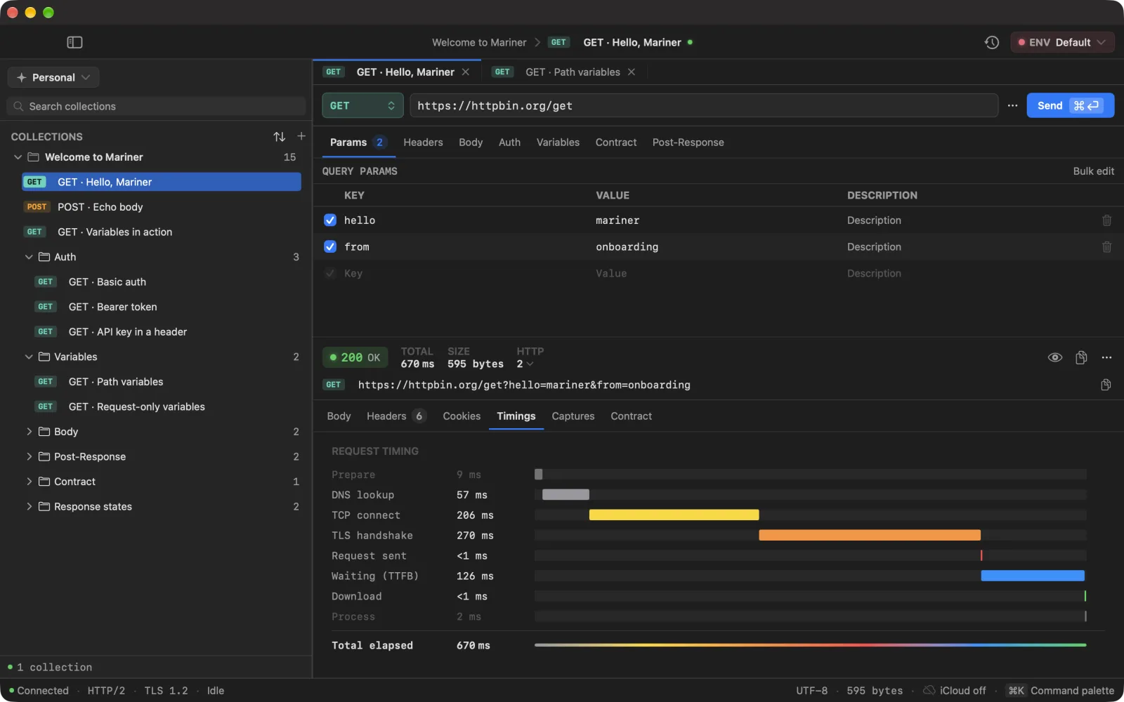 The Timings tab of a GET to httpbin.org: a waterfall with Prepare, DNS lookup, TCP connect, TLS handshake, Request sent, Waiting (TTFB), Download and Process, and a total of 670 ms
