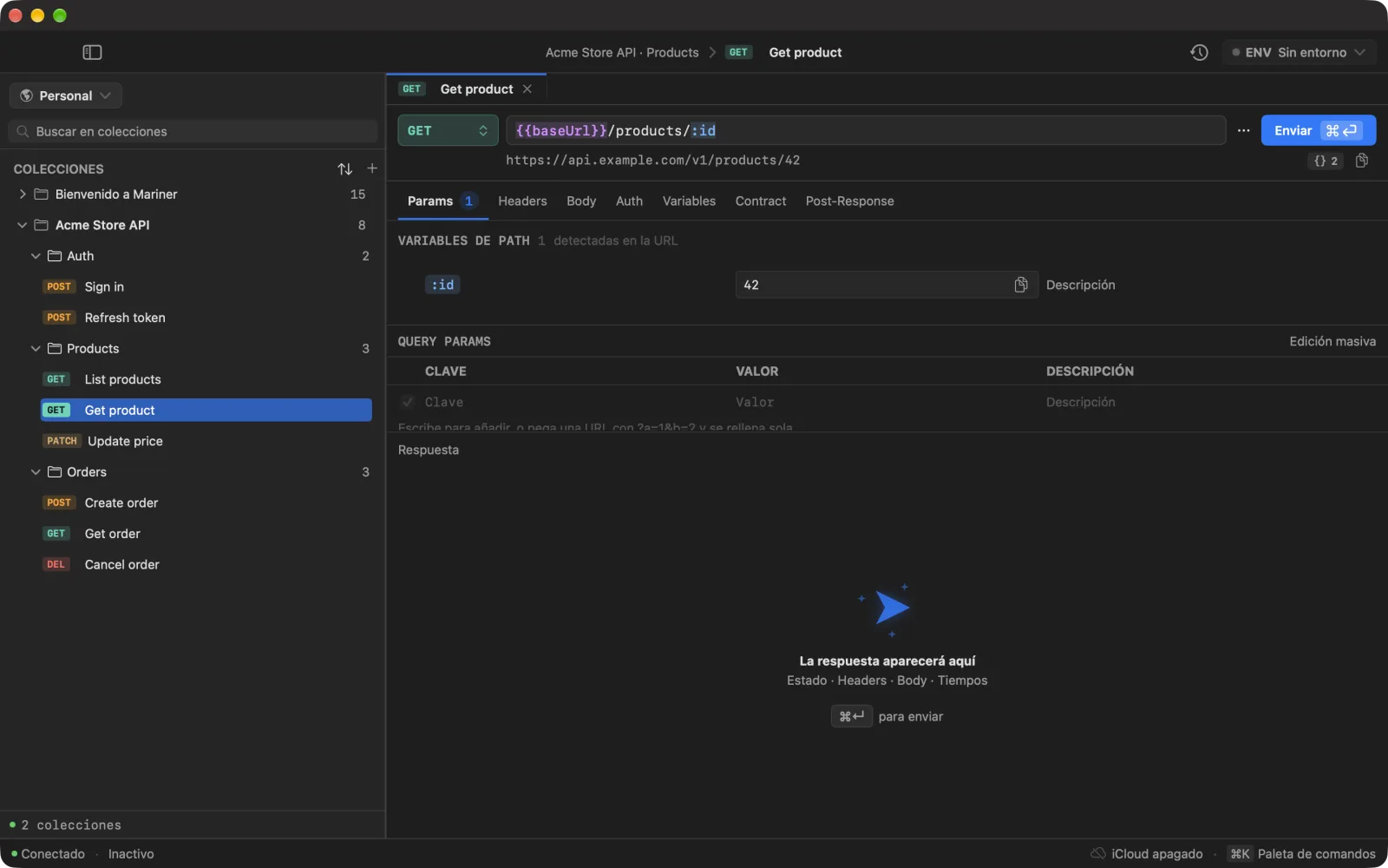 La sidebar tras importar una colección de Postman: Acme Store API con sus carpetas Auth, Products y Orders, y una petición abierta con {{baseUrl}} y :id resueltos a https://api.example.com/v1/products/42