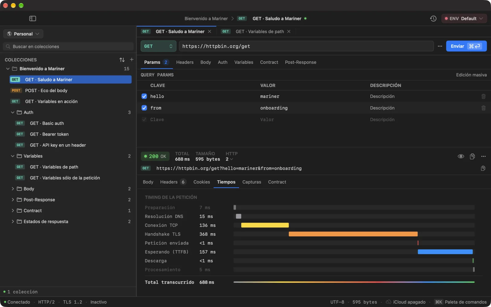 La pestaña Tiempos de un GET a httpbin.org: una cascada con Preparación, Resolución DNS, Conexión TCP, Handshake TLS, Petición enviada, Esperando (TTFB), Descarga y Procesamiento, y un total de 688 ms