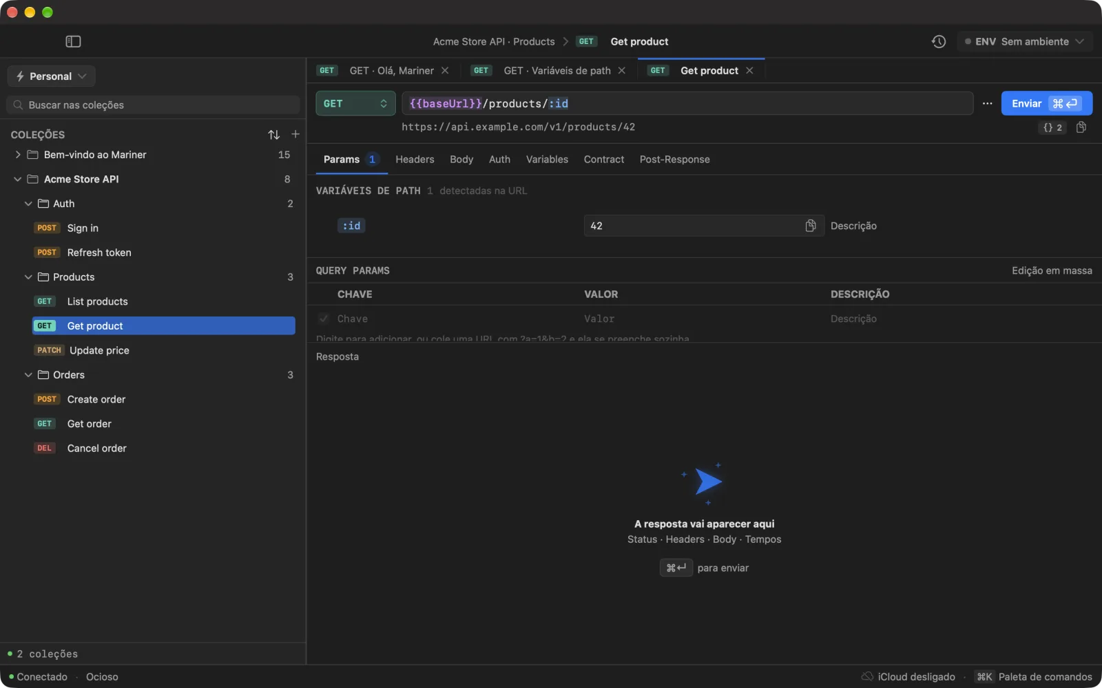A sidebar depois de importar uma coleção do Postman: Acme Store API com as pastas Auth, Products e Orders, e uma requisição aberta com {{baseUrl}} e :id resolvidos para https://api.example.com/v1/products/42